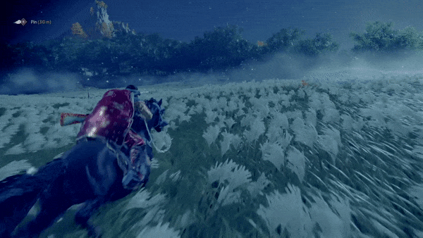 A samurai on a horse is galloping through a field in the direction of the blowing wind.