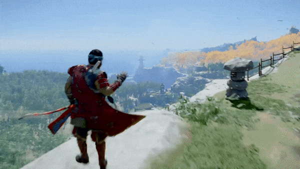 A man draws a bow on a cliff, then puts the bow away.