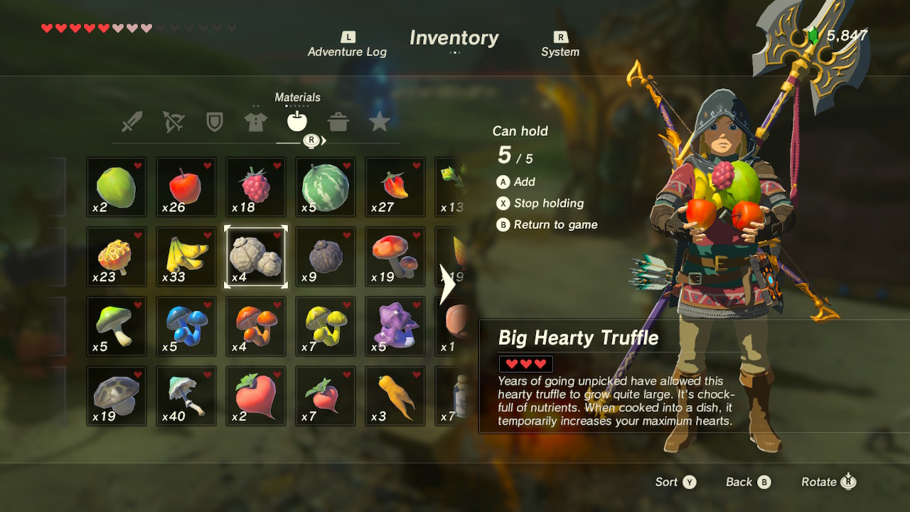 Ingredients inventory in Legend of Zelda: Breath of the Wild.