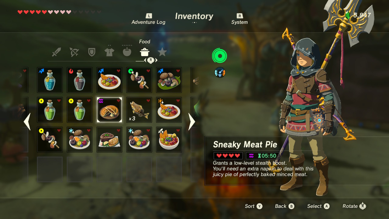 Meals inventory in Legend of Zelda: Breath of the Wild.