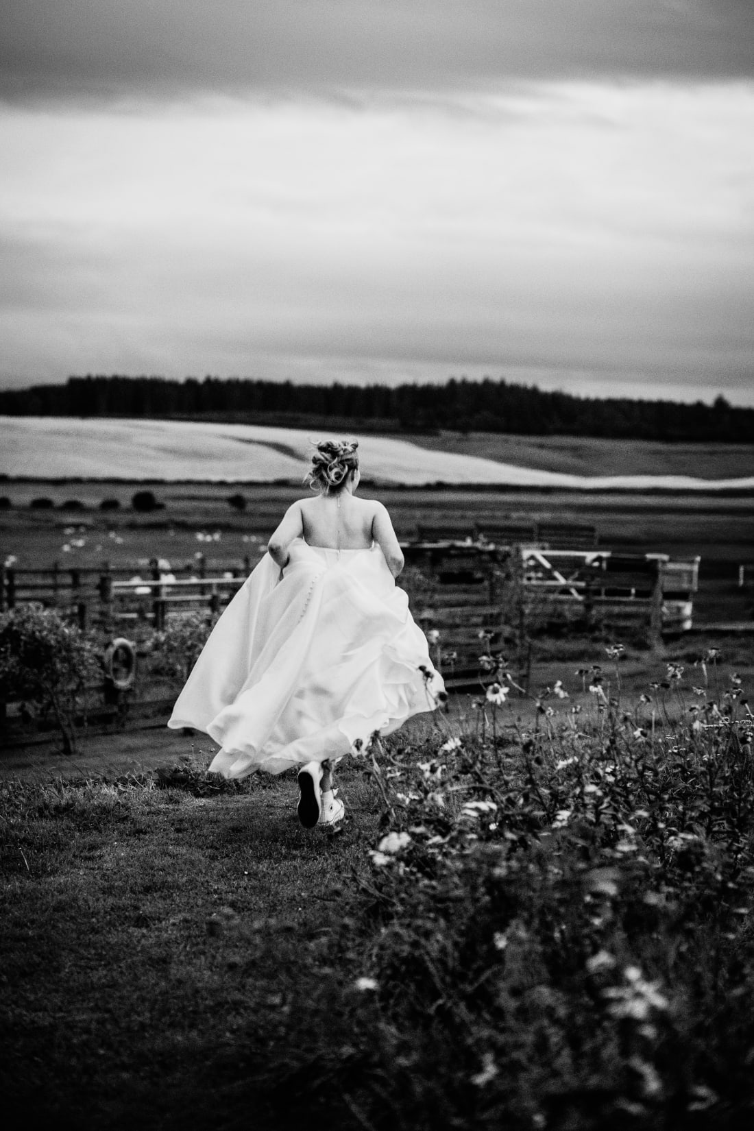 The bride runs across the grass in her trainers towards the fields