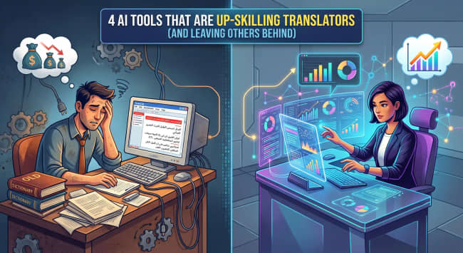 A side-by-side comparison illustrating the evolution of the translation profession. On the left, a stressed male translator sits at a messy wooden desk with old dictionaries and messy paperwork, staring at a boxy CRT monitor running an outdated translation interface with red errors. A thought bubble above him shows a declining financial graph. On the right, a confident female professional works at a modern futuristic tech desk, navigating multiple neon-colored holographic screens showing data charts and analytics. Her thought bubble displays an upward-trending growth chart. At the top center, a banner reads, "4 AI TOOLS THAT ARE UP-SKILLING TRANSLATORS (AND LEAVING OTHERS BEHIND)"