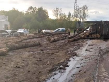 В Прикамье перевернувшийся груженый лесовоз убил водителя стоявшего рядом авто