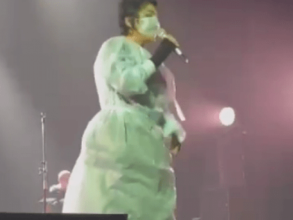 Лолита в медицинской маске на лице перепела Моргенштерна* со сцены Алтайского театра драмы