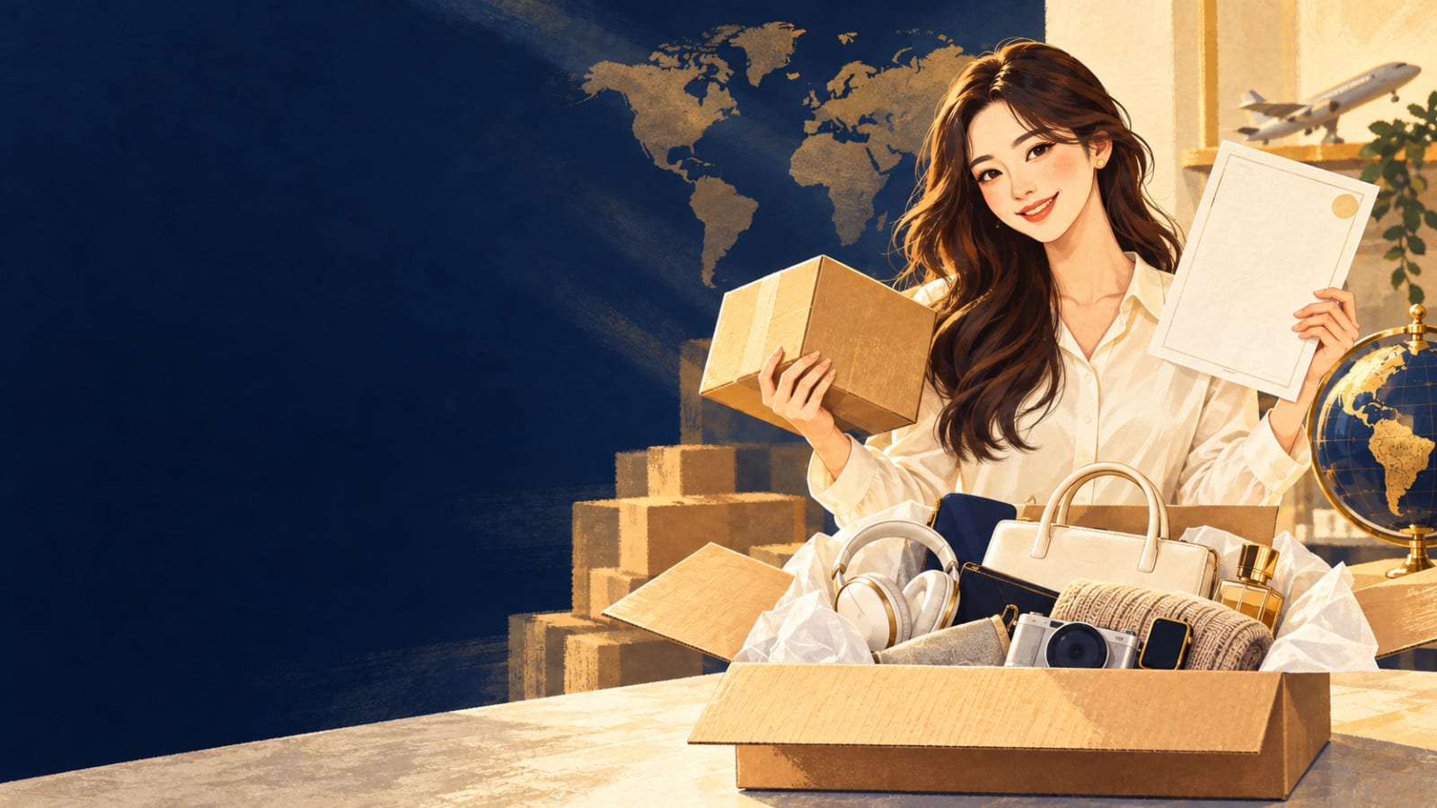 해외구매 상품과 원산지 증명서를 안내하는 일러스트 쇼핑 전문가