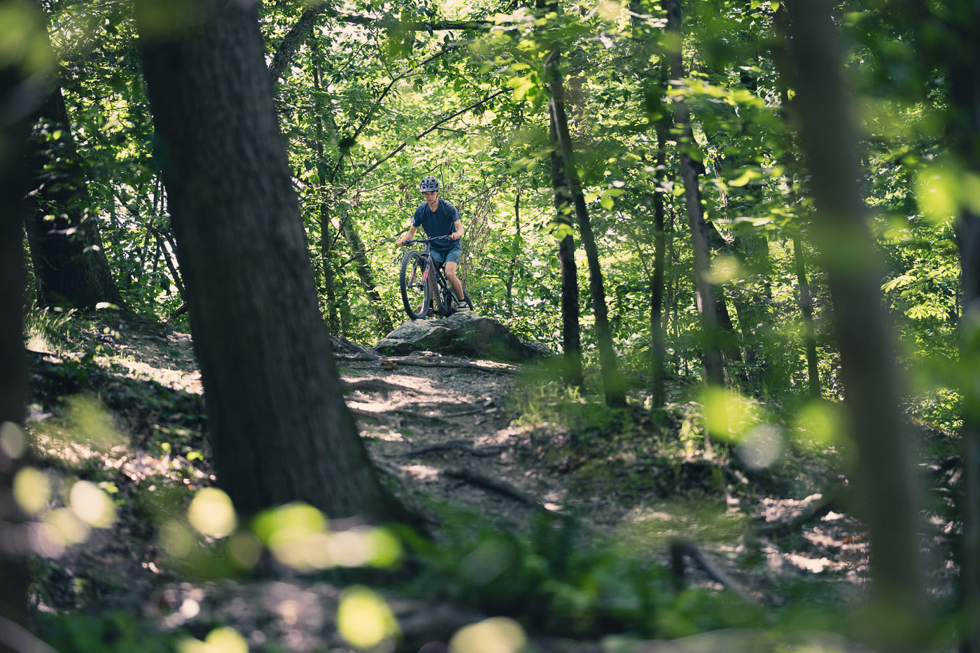 Mountain biker distant rock