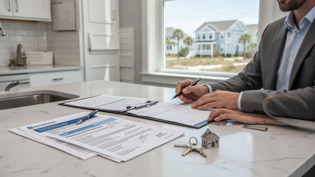 First-time homebuyer planning consultation in Wilmington NC with home purchase materials and keys