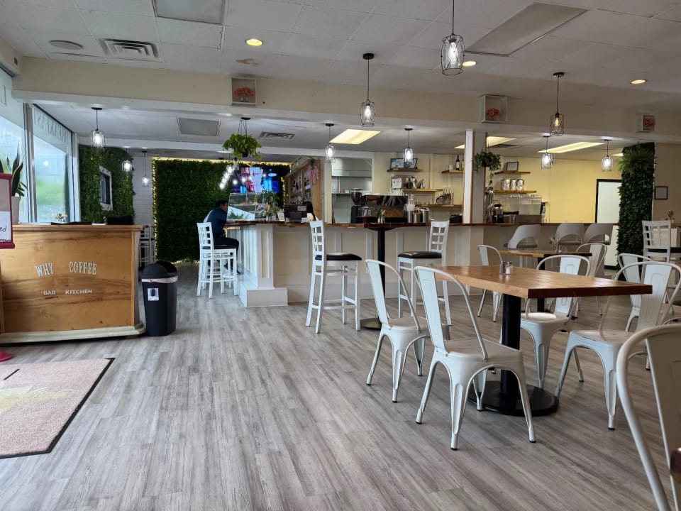 Coffee bar counter with white stools, espresso equipment, shelves of cups, and a man seated at the counter near greenery.