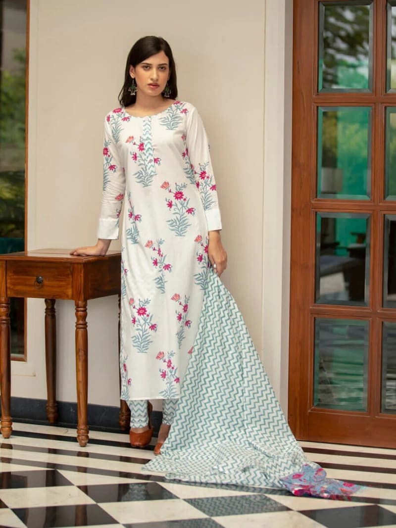 White Floral Cotton Suit Set(RDSS-03)