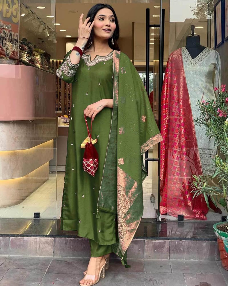 Olive Royale Silk Embroidered Salwar Set (RDSS-35)