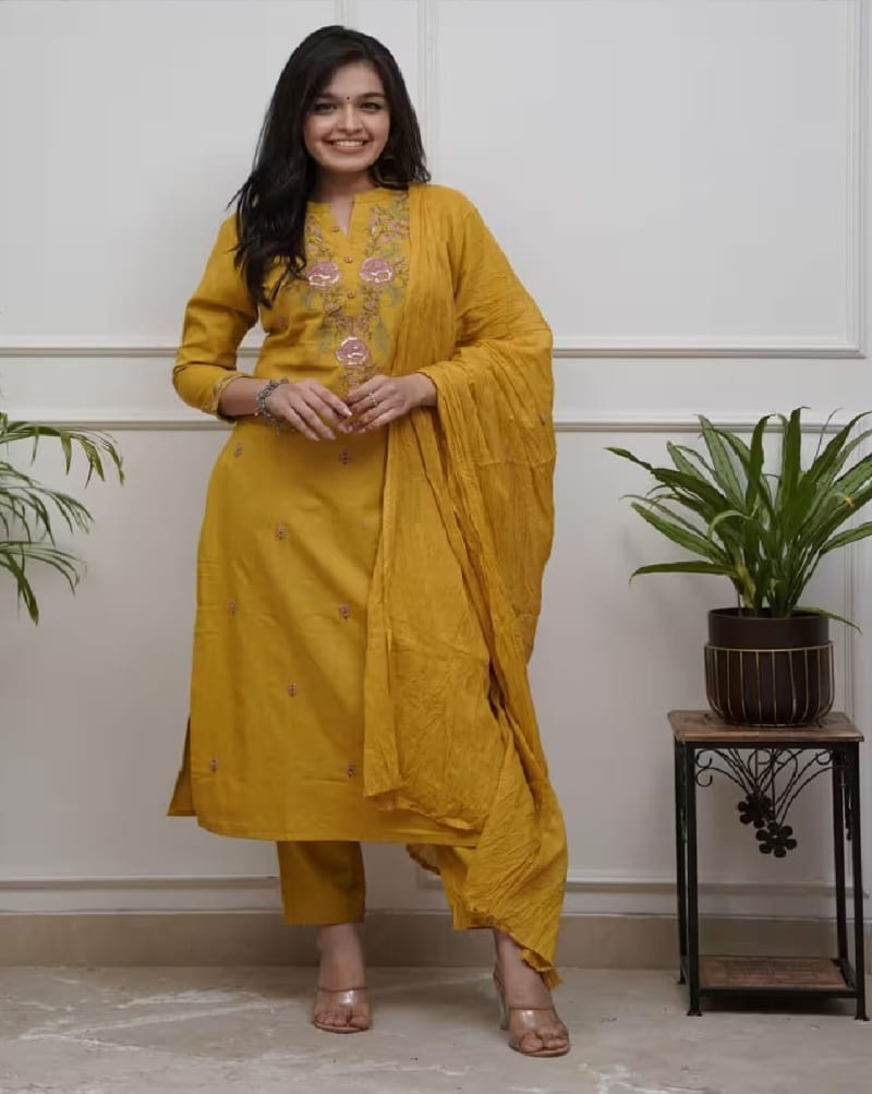 Mustard Yellow Floral Embroidered Silk Salwar Set (RDSS-52)