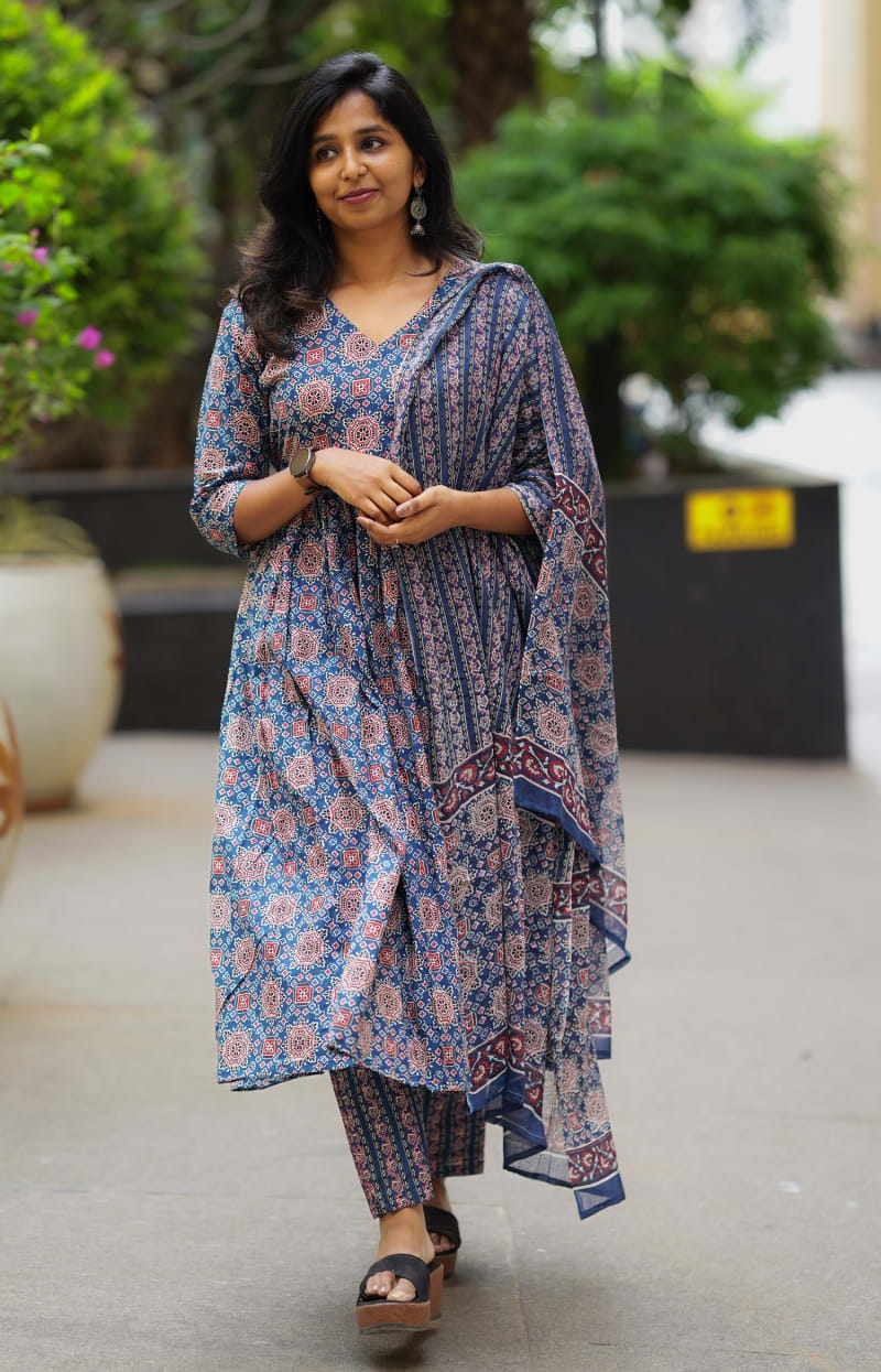 Blue Ethnic Printed Viscose Salwar Set (RDSS-77)