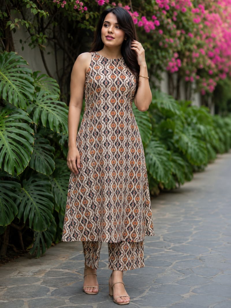Beige Ikat Print Cotton Co-ord Set(RDCS-013)