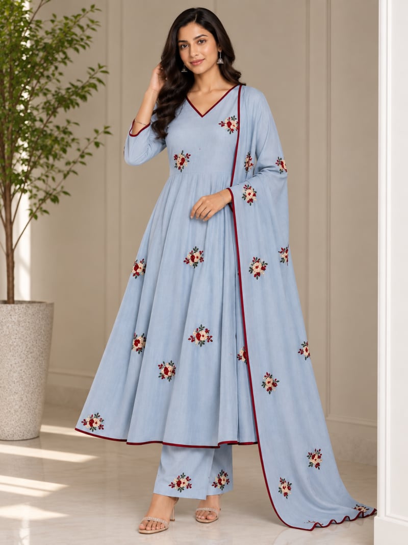 Powder Blue Floral Embroidered Anarkali Set
