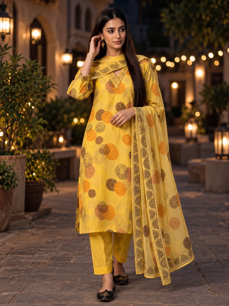 Mustard Yellow Printed Mul Chanderi Salwar Set