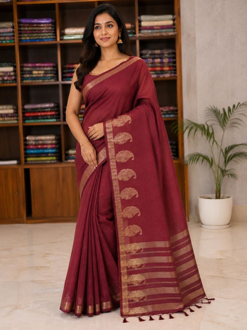 Maroon Semi-Tussar Silk Saree with Antique Gold Border