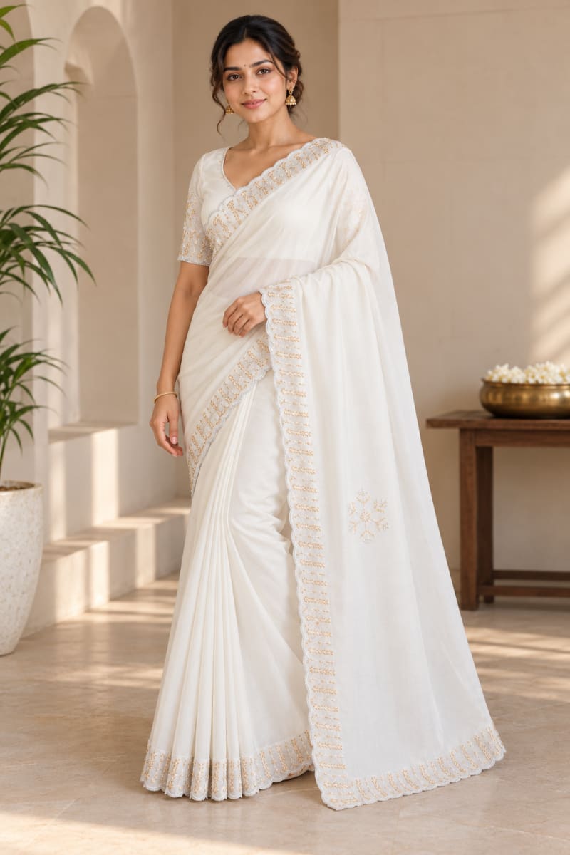 Elegant Ivory Fancy Saree with Gold Embroidered Border