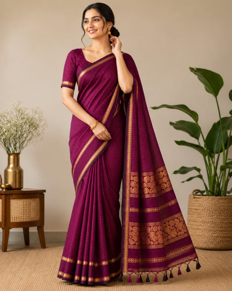 Magenta Pure Cotton Saree with Golden Checked Pattern