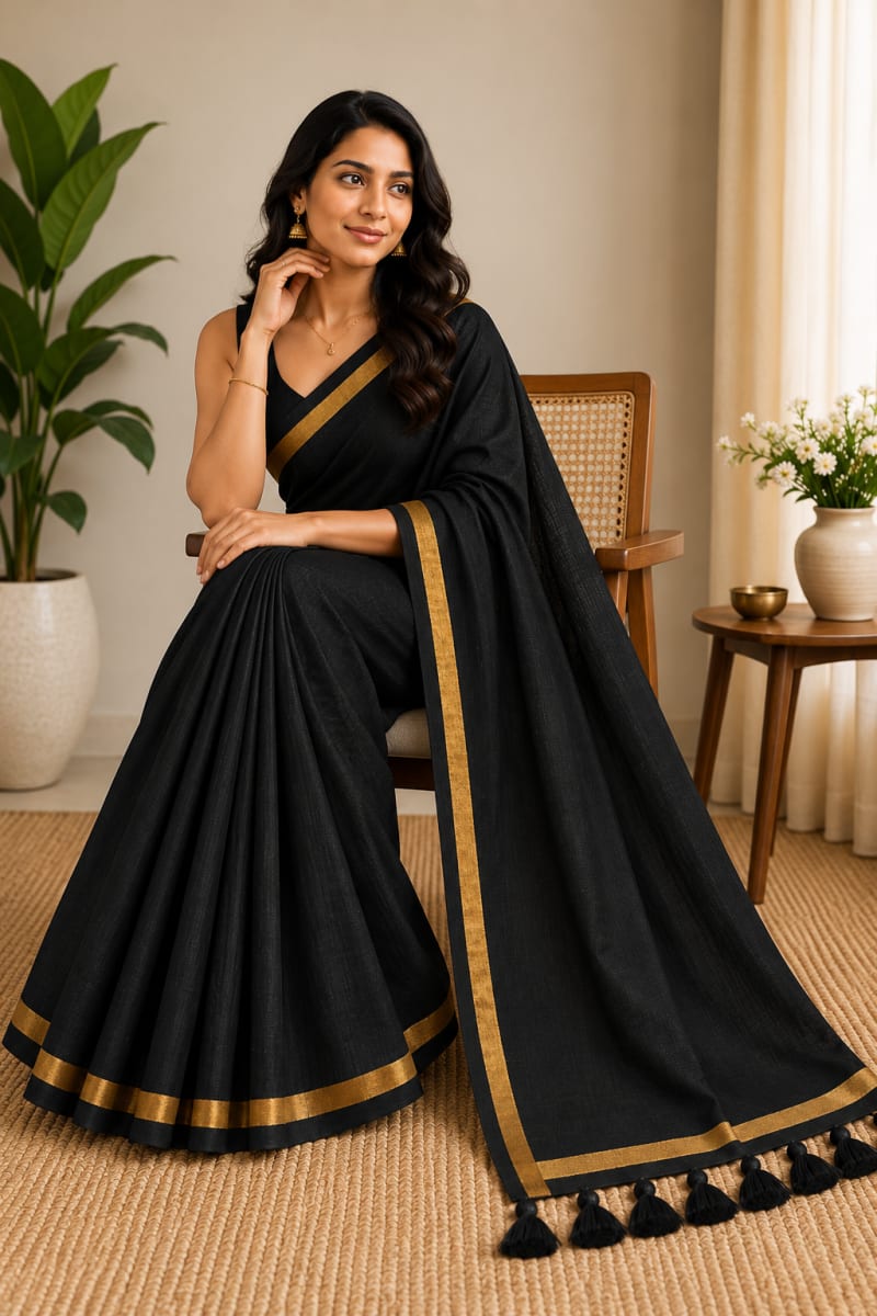 Elegant Black Pure Cotton Saree with Golden Border