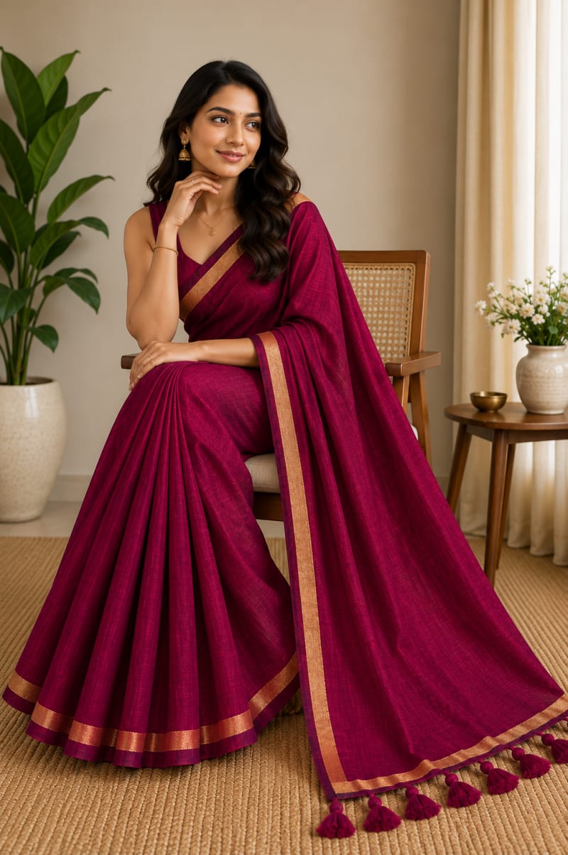 Elegant Wine Pure Cotton Saree with Golden Border