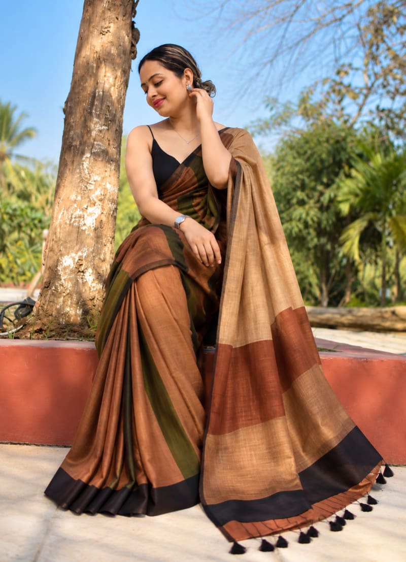 Elegant Earth-Tone Saree Khadi Cotton with Contrast Border