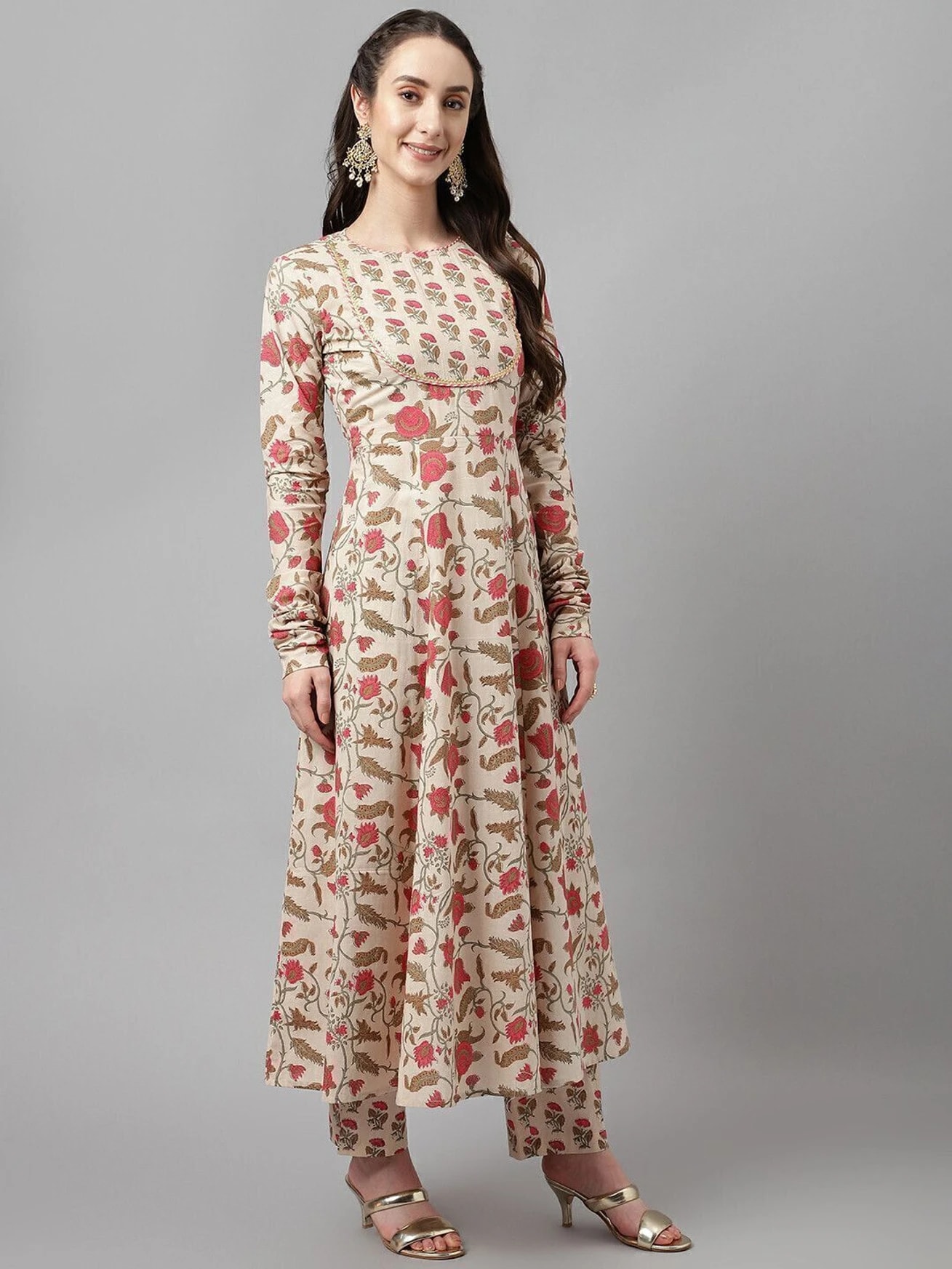 Beige Floral Cotton Anarkali Set (RDSS-08)
