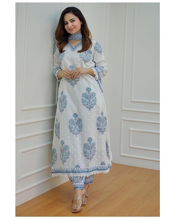 White Blue Cotton Suit Set (RDSS-14)