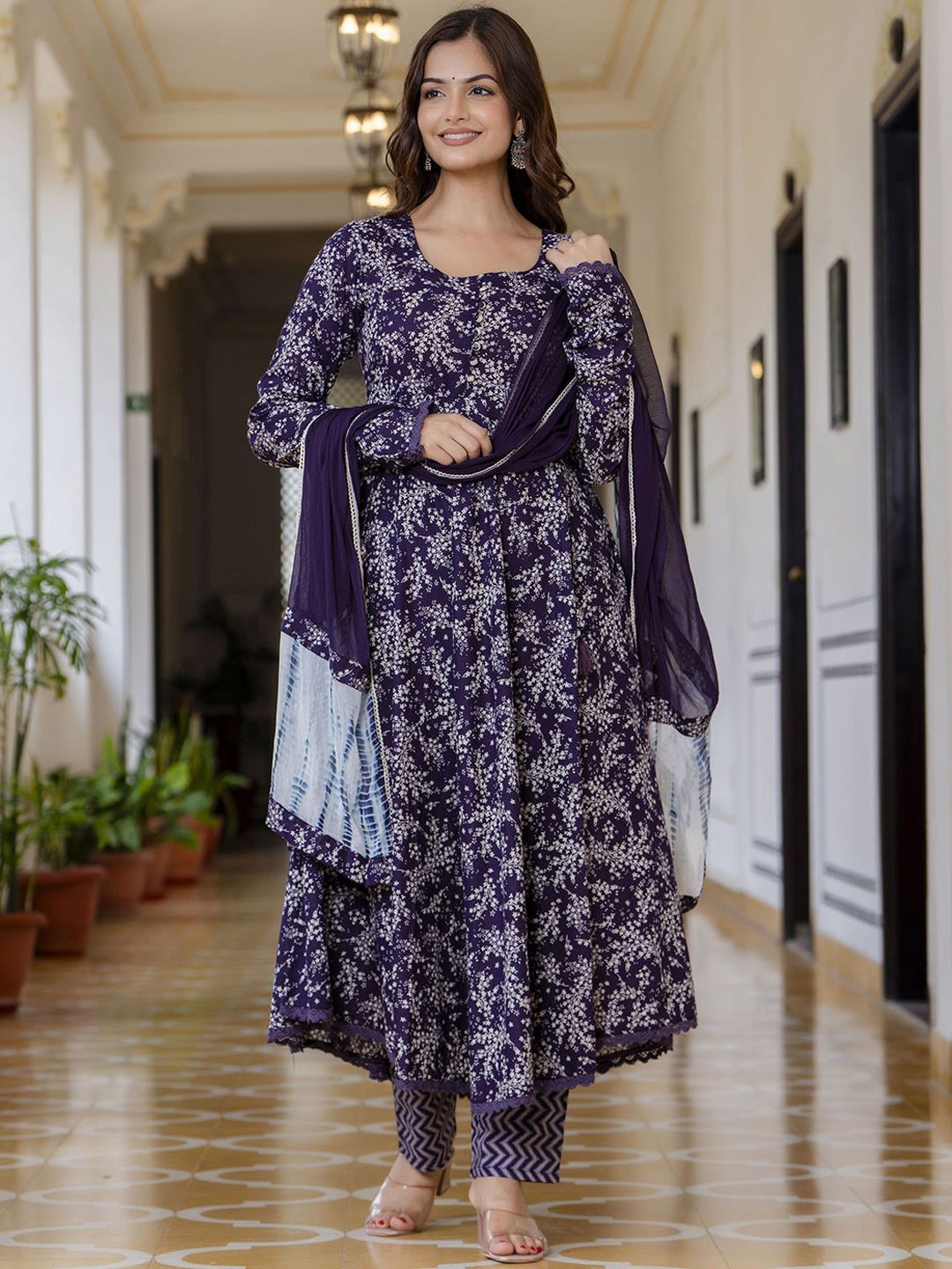 Royal Plum Floral Viscose Anarkali Suit Set (RDSS-17)