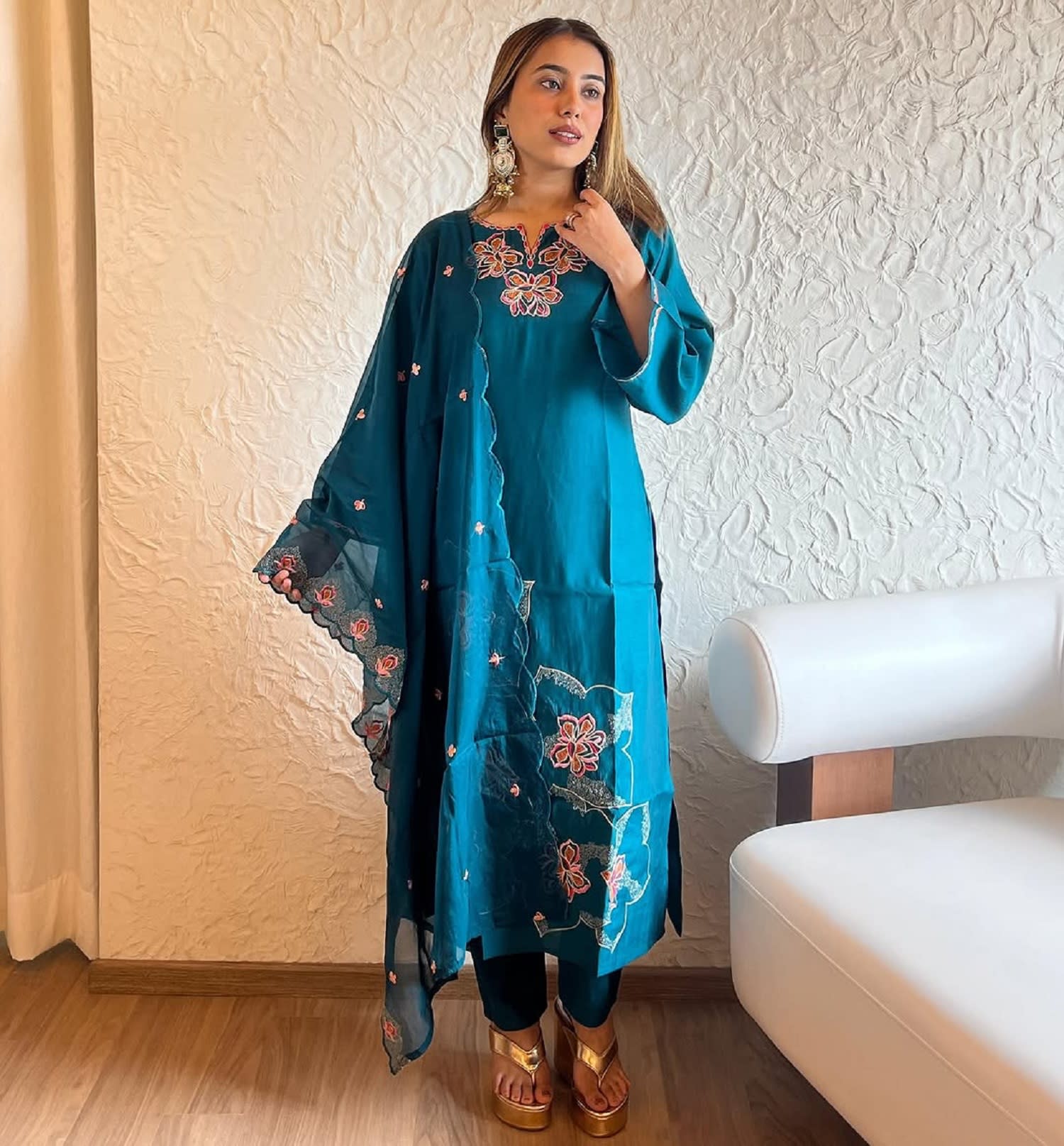 Teal Blossom Silk Embroidered Salwar Set (RDSS-30)