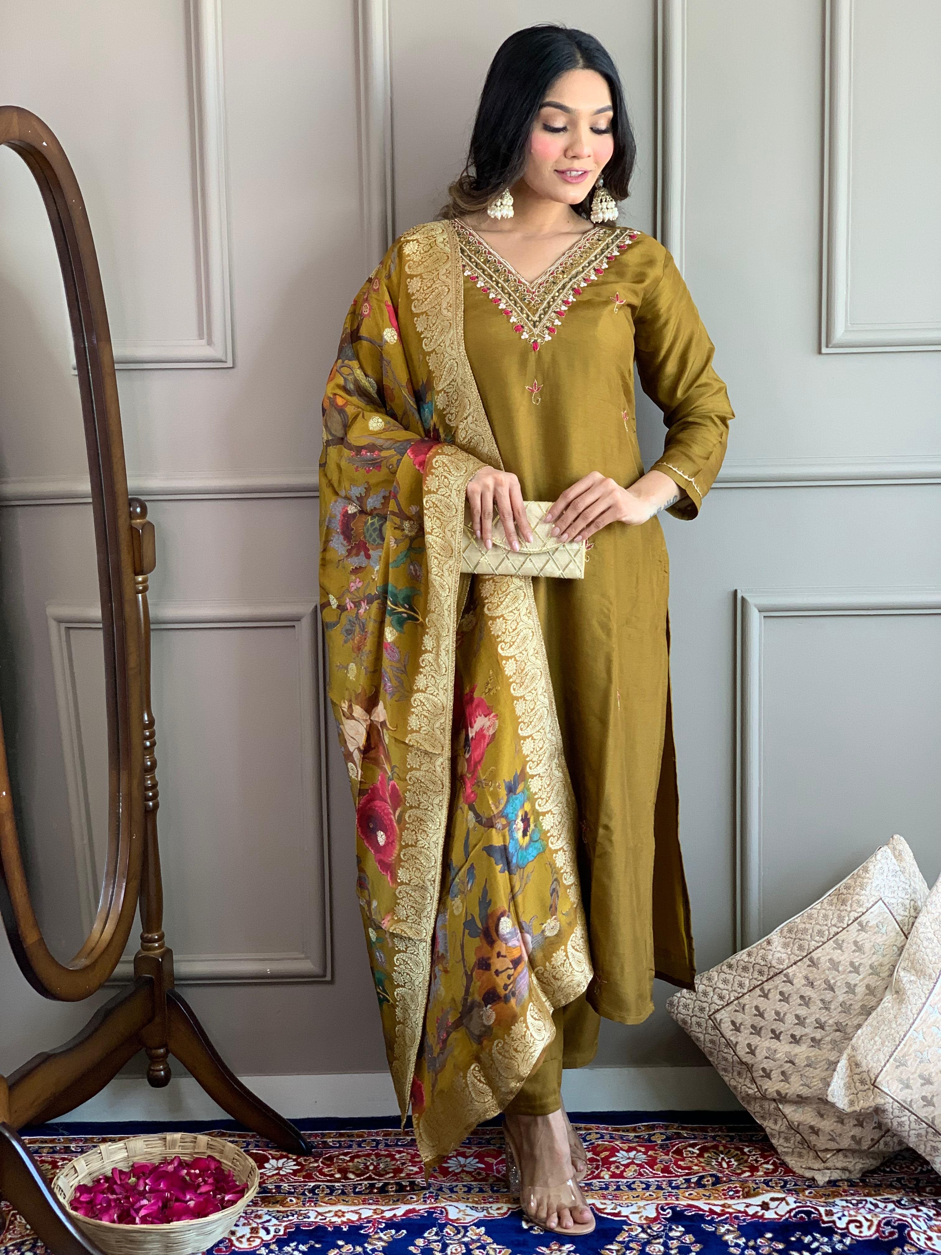 Olive Gold Silk Floral Salwar Set (RDSS-32)
