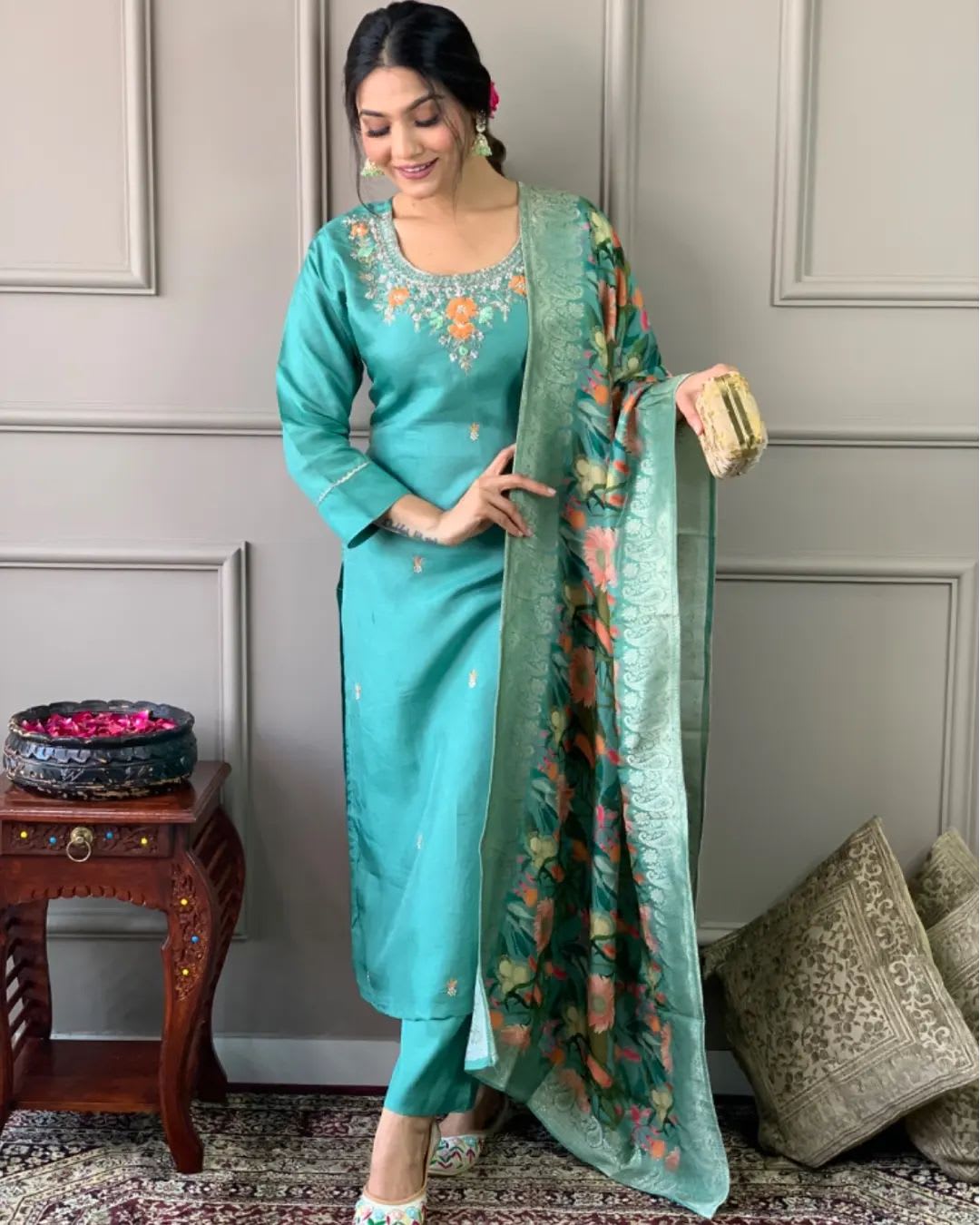 Aqua Bloom Silk Floral Salwar Set (RDSS-33)