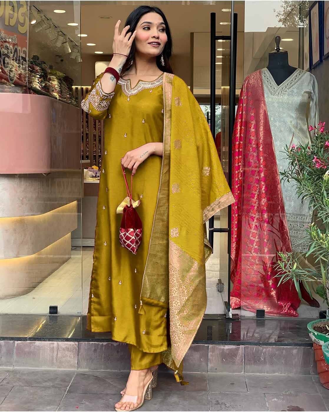 Golden Olive Silk Salwar Set (RDSS-38)
