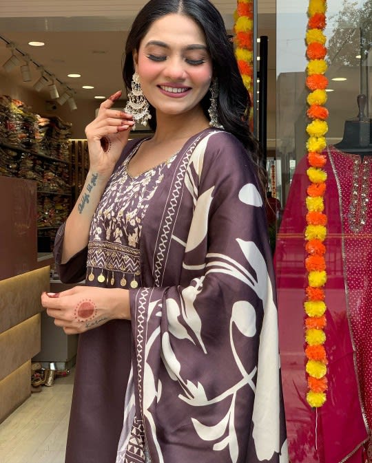 Chocolate Brown Printed Salwar Set with Designer(RDSS-49)