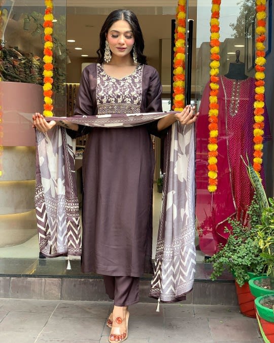 Chocolate Brown Printed Salwar Set with Designer(RDSS-49)