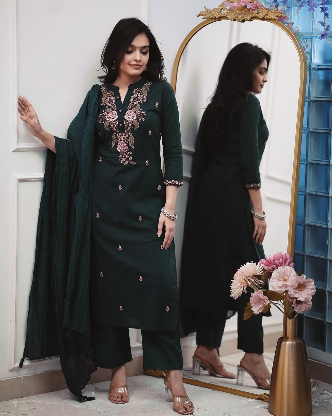 Emerald Green Embroidered Silk Salwar Set (RDSS-50)