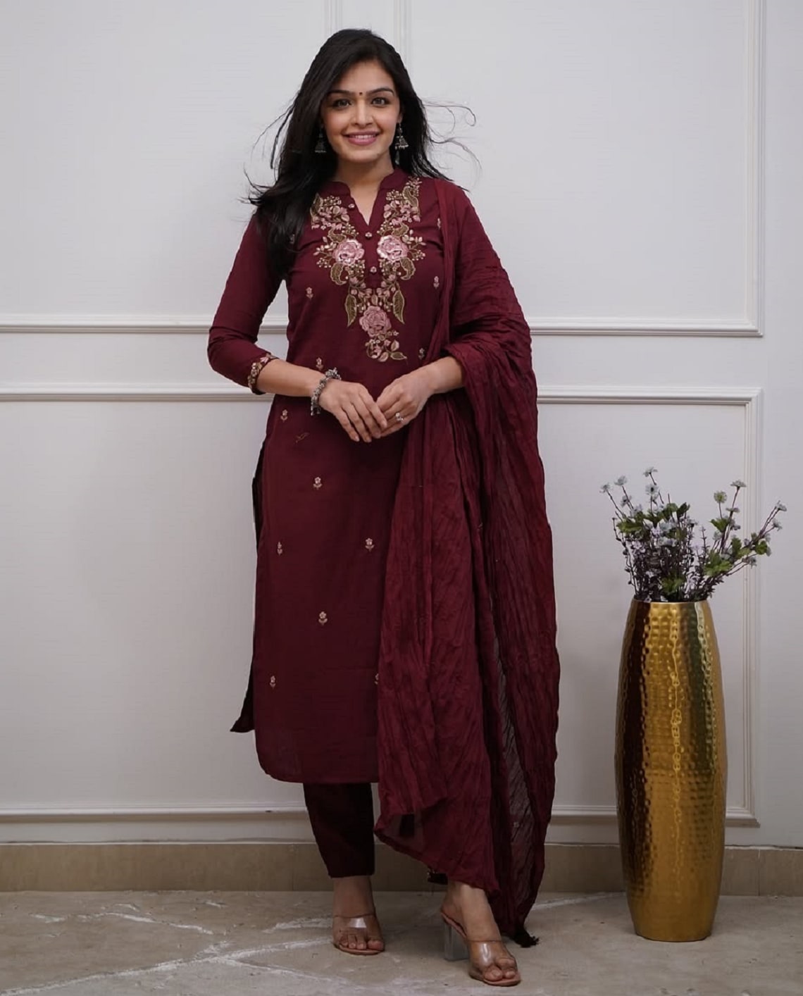 Maroon Floral Embroidered Silk Salwar Set (RDSS-51)
