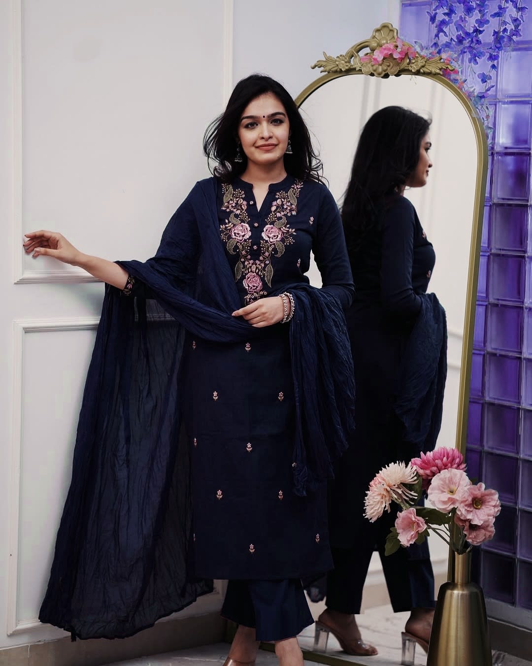 Navy Blue Floral Embroidered Silk Salwar Set (RDSS-53)