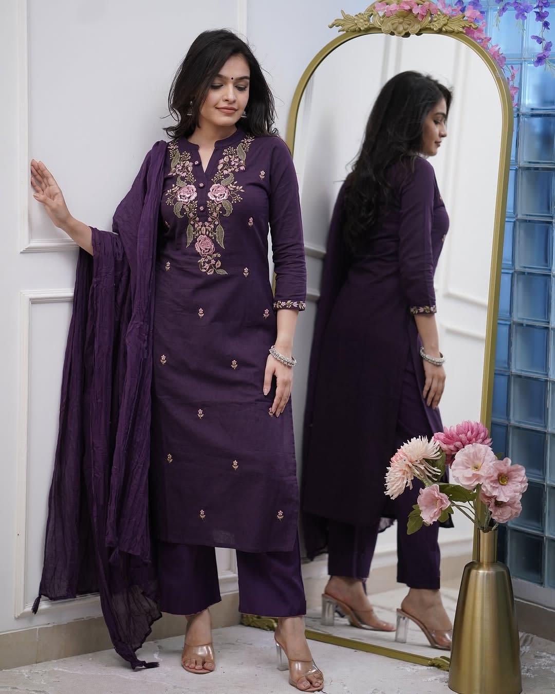 Royal Purple Floral Embroidered Silk Salwar Set (RDSS-54)