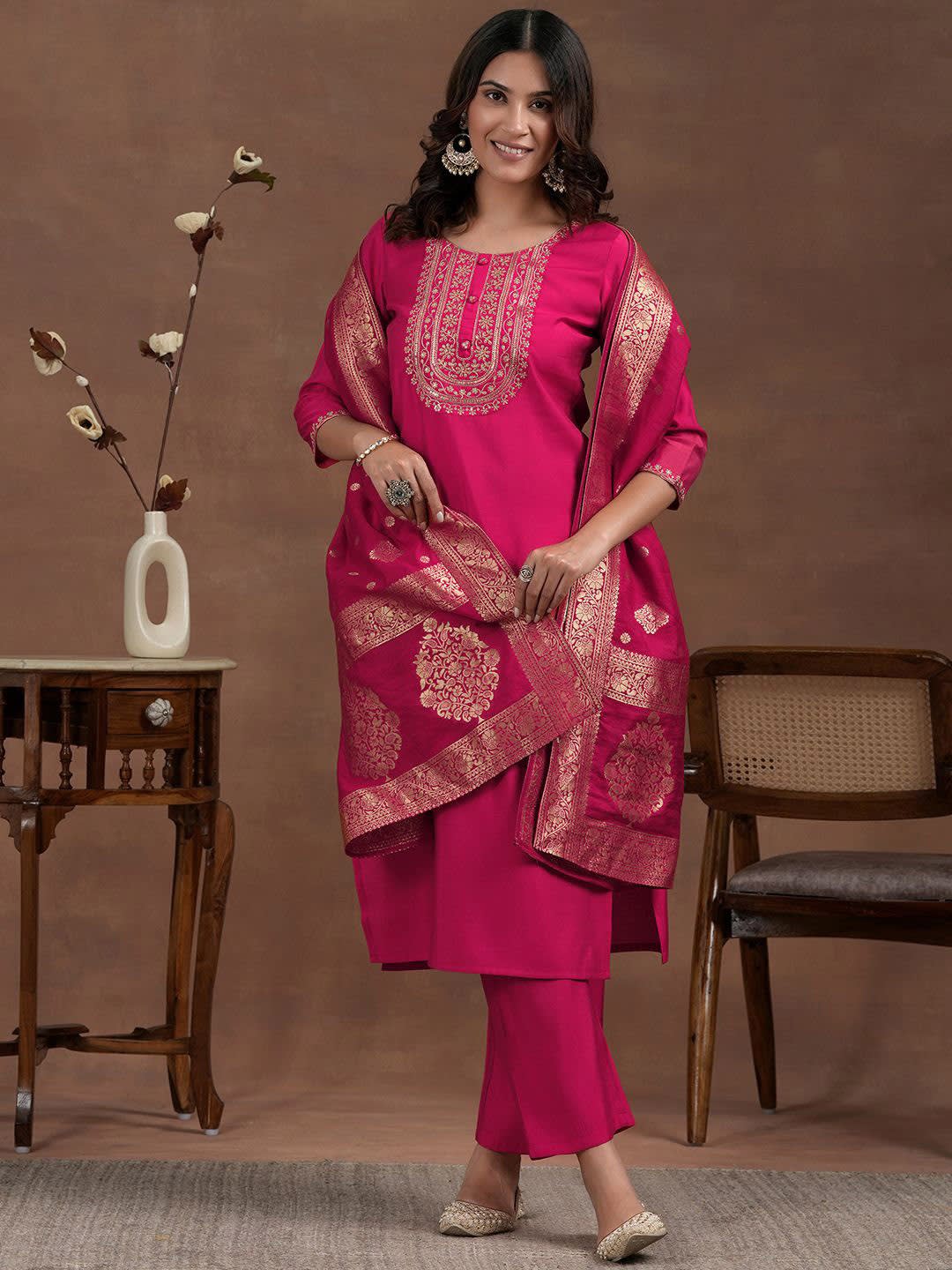 Rani Pink Embroidered Silk Salwar Set with Banarasi Dupatta (RDSS-55)