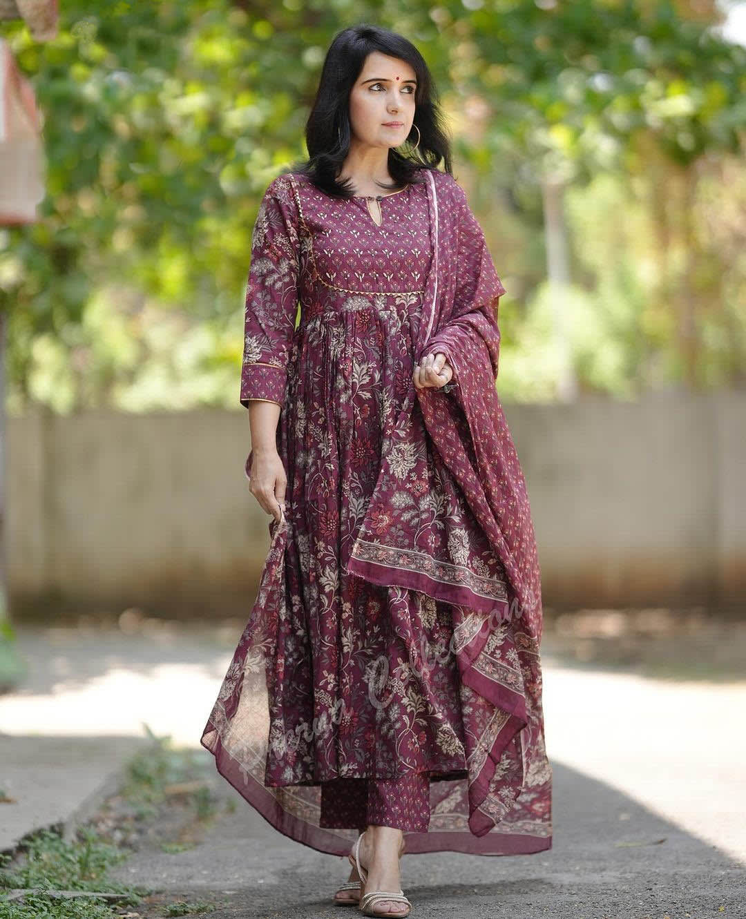 Wine Floral Printed Viscose Salwar Set (RDSS-57)