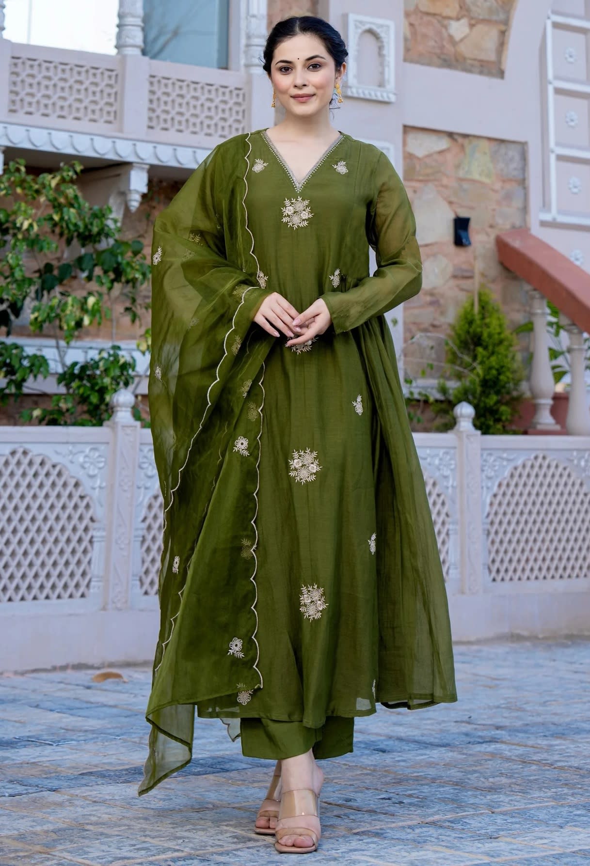 Olive Green Embroidered Silk Salwar Set (RDSS-59)