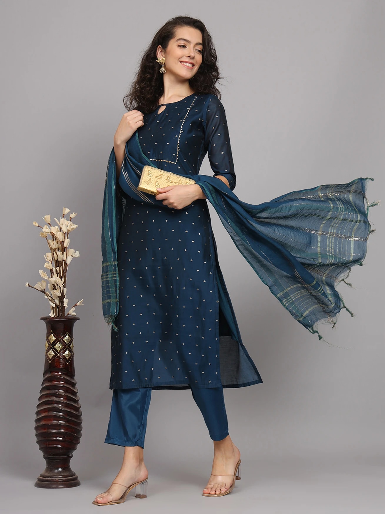 Teal Blue Embellished Silk Salwar Set (RDSS-63)