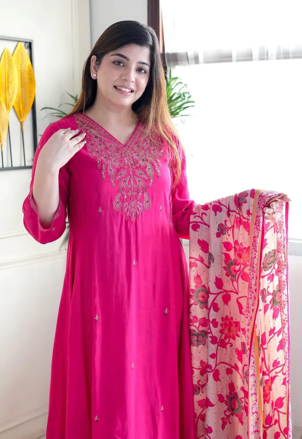 Fuchsia Pink Embroidered Viscose Salwar Set with Floral Dupatta (RDSS-67)