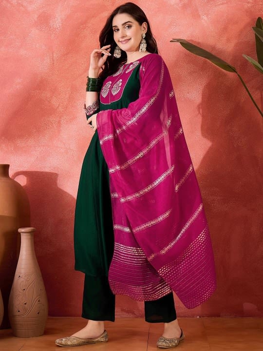Emerald Green Silk Salwar Set with Embroidered Yoke (RDSS-69)