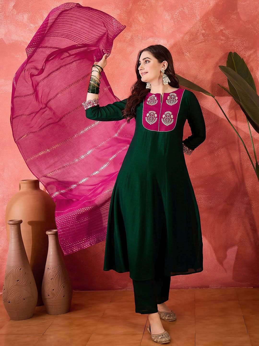 Emerald Green Silk Salwar Set with Embroidered Yoke (RDSS-69)