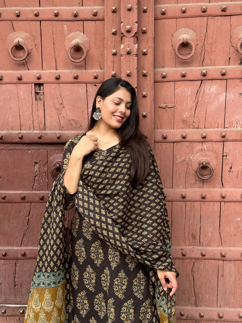 Coffee Brown Ethnic Printed Viscose Salwar Set (RDSS-73)