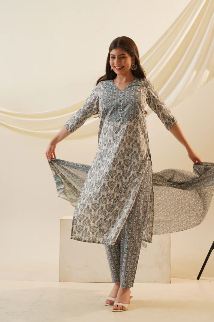 Ivory Blue Ethnic Printed Viscose Salwar Set (RDSS-75)