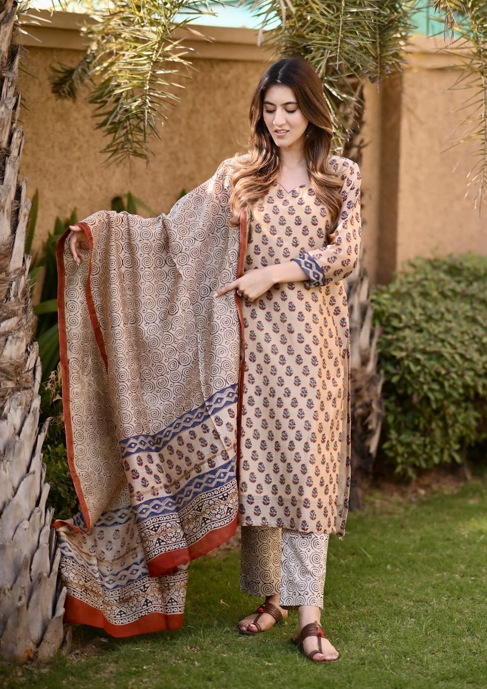 Beige Ethnic Printed Viscose Salwar Set (RDSS-74)