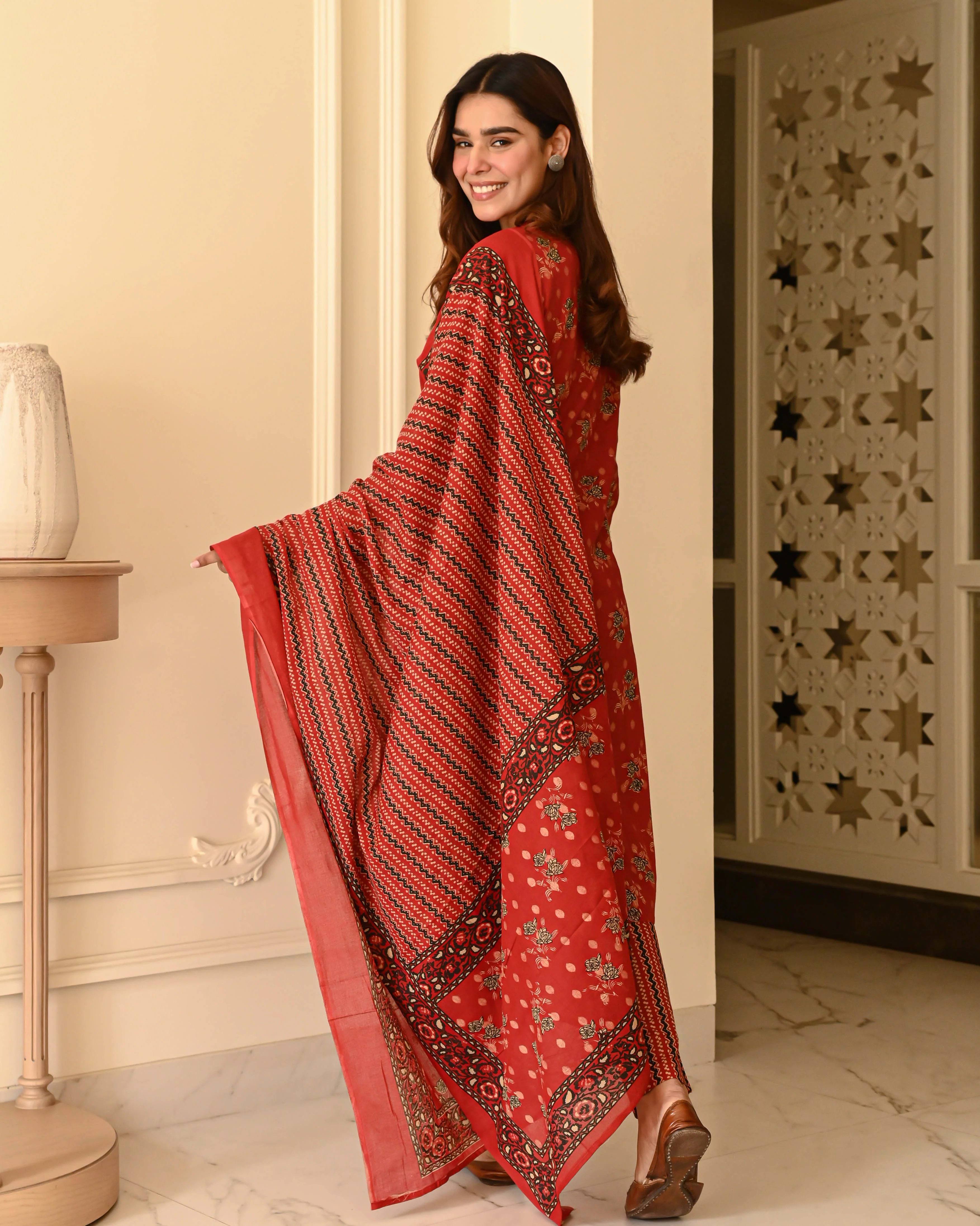 Rust Red Floral Printed Viscose Salwar Set (RDSS-79)