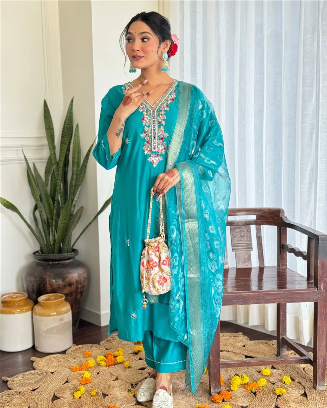 Turquoise Embroidered Viscose Salwar Set (RDSS-80)